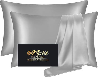 Silk Pillow Cases 2 Pack, Mulberry Silk Pillowcases Standard Set of 2, Health, Smooth, Anti Acne, Beauty Sleep, Both Sides Natural Silk Satin Pillow Cases for Women 2 Pack with Zipper for Gift, Grey