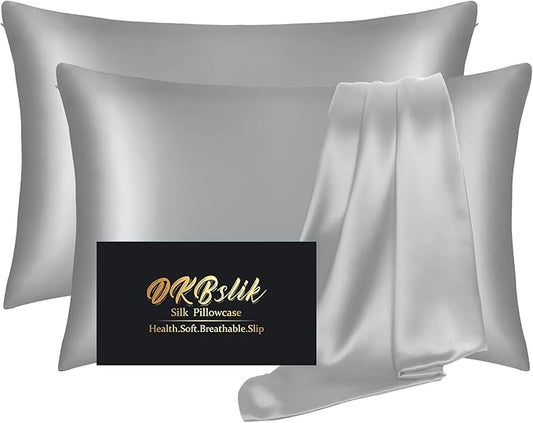 Silk Pillow Cases 2 Pack, Mulberry Silk Pillowcases Standard Set of 2, Health, Smooth, Anti Acne, Beauty Sleep, Both Sides Natural Silk Satin Pillow Cases for Women 2 Pack with Zipper for Gift, Grey