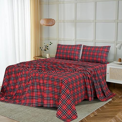 RUVANTI Flannel Sheets Twin Size, Red Plaid
