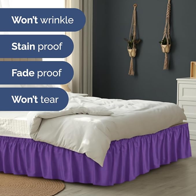 Wrap Around Dust Ruffle Bed Skirt - Purple - for Queen Size Beds with 24 Inch Drop - Easy Fit Elastic Strap - Adjustable Pleated Bedskirt w/Brushed Fabric Wrinkle Free - for Women, Men, Kids & Teens