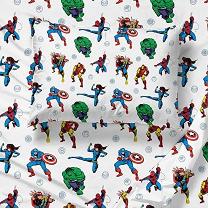 Jay Franco Kids Sheet Set with Fitted, Flat Sheets & Pillow Cover - Ultra-Soft Bedding with Pillowcase for Room Decor, White - Avengers, 4 Piece Queen