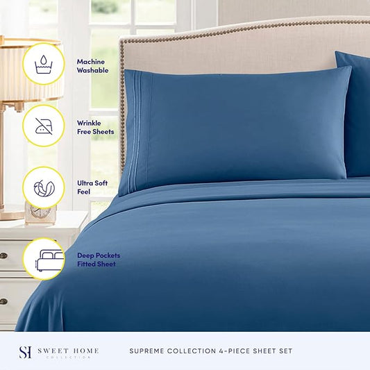 King Size Sheets - Breathable Luxury Bed Sheets with Full Elastic & Secure Corner Straps Built In - 1800 Supreme Collection Extra Soft Deep Pocket Bedding, Sheet Set, EXTRA DEEP pocket - King, Denim