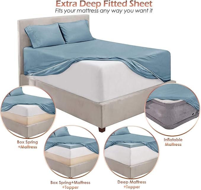Hearth & Harbor Bed Sheets, Luxury Soft 6 Piece Bed Sheet Set Extra Deep Pocket Fitted Sheets Fits Mattress up to 21", Double Brushed Bedding Sheets & Pillowcases, Split King, Soft Blue