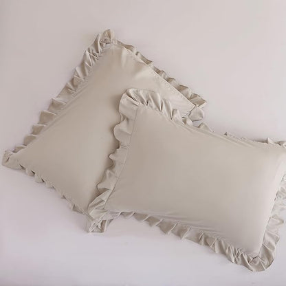 JANZAA Full Size Comforter Ruffled Oatmeal Soft Vintage Farmhouse Bed Comforter Set Shabby Fluffy 3PCS Bedding (1 Comforter Set and 2 Pillowcases)