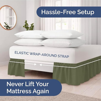Wrap Around Dust Ruffle Bed Skirt - Sage Green - for King Size Beds with 12 Inch Drop - Elastic Strap - Adjustable Pleated Bedskirt with Brushed Fabric and Wrinkle Free - for Women, Men, Kids & Teens