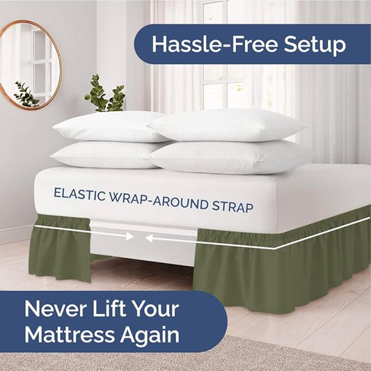 Wrap Around Dust Ruffle Bed Skirt - Sage Green - for King Size Beds with 12 Inch Drop - Elastic Strap - Adjustable Pleated Bedskirt with Brushed Fabric and Wrinkle Free - for Women, Men, Kids & Teens