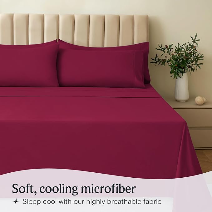 LuxClub 3 PC Sheet Bed Sheets Deep Pockets 18" Eco Friendly Wrinkle Free-Kids-Fitted Sheets Machine Washable Hotel Bedding Silky Soft - Burgundy Twin