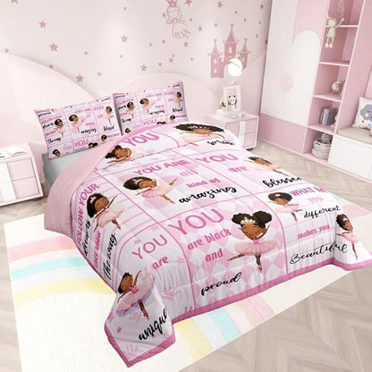 Castle Fairy Kawaii Girly Ballet Comforter Set King Size American Style Princess Bedding Set Bedroom Decor Motivational Quotes Quilt Set for Kids Girls Pink Artistic Dancer Duvet Insert 3Pcs