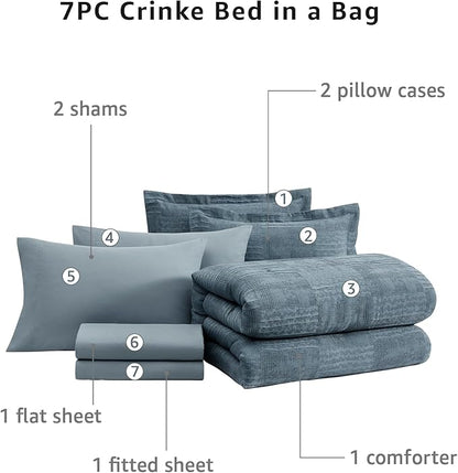 MaiRêve Full Size Comforter Sets Dusty Blue, Textured Design Crinkle Bedding Sets 7 Pieces, All Season Bed in A Bag with Comforter, Sheets, Pillowcases & Shams