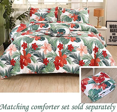FADFAY Cotton Green Bed Sheets Set Floral Tropical Bedding Hawaiian Red Hibiscus Flower Palm Leaves Hypoallergenic Soft Deep Pocket Fitted Sheet 4-Pieces Twin Size