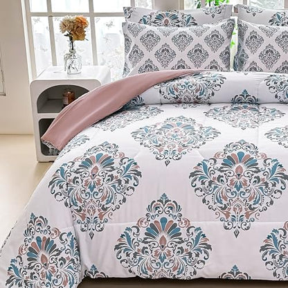 lasoftan Floral Queen Comforter Set with Sheets, 7 piece Luxury Vintage Bedding, Soft Microfiber Bed in a Bag, Cozy Lightweight Bed Set, Damask Boho Flower