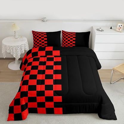 Geometric Lattice Kids Bedding Set King Size,Video Games Check Lattice Comforter Set，Grid Fashion Simple Quilt Comforter,Black Red Bedroom Duvet Insert,2 Pillowcases