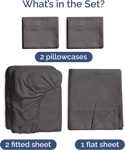 Bed Sheets Split King Size - Cooling Sheets for Split King - 100% Rayon Derived from Bamboo - Ultra Soft Hotel Luxury Bedding - 1 Flat & 1 Fitted & 2 Pillowcases w/ 16 Inch Deep Pockets - Dark Grey