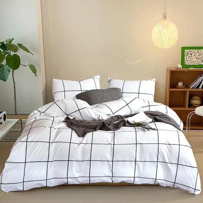 CLOTHKNOW White Plaid Twin/Twin XL Comforter Set Grid Bedding Comforter Sets White Black Comforter with 2 x Pillow Cases