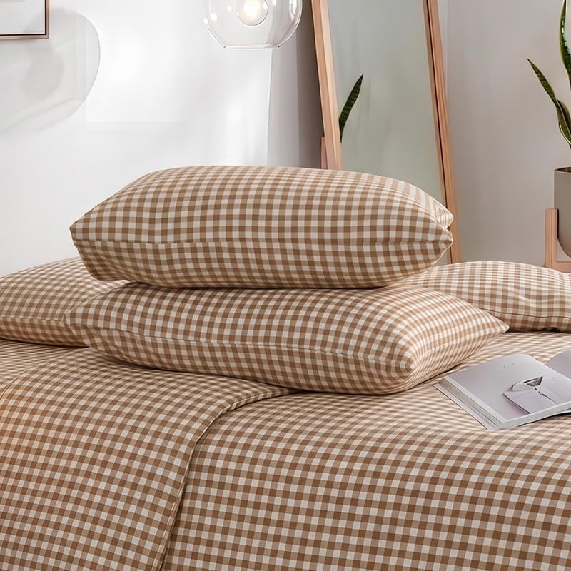NEXHOME PRO Tan Gingham Duvet Cover Queen, 100% Washed Cotton Like Linen Feel Organic Natural Bedding Set 3 Piece Brown Vintage Plaid Checkered Comforter Cover Set (No Comforter) 9090