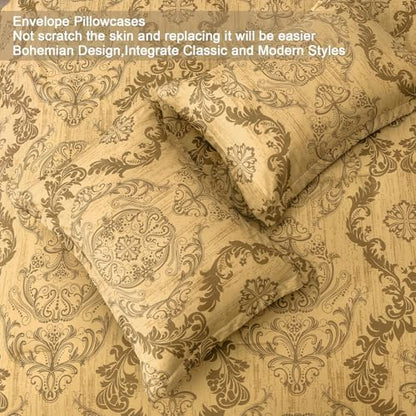 WONGS BEDDING Gold Comforter Set Queen Size, Damask Texture Design 7 Pieces Bed in a Bag Microfiber Comforter Bedding Sets -1 Comforter, 1 Flat Sheet, 1 Fitted Sheet, 2 Pillow Shams, 2 Pillowcases