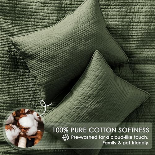 palassio Striped Olive Green 100% Cotton Quilt Twin Size Bedding Sets, Lightweight Crinkly Channel Pick Stitch Textured Bedspread Soft Shabby Chic Farmhouse Country Coverlet for All Season, 1 Sham