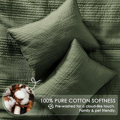 palassio Striped Olive Green 100% Cotton Quilt Twin Size Bedding Sets, Lightweight Crinkly Channel Pick Stitch Textured Bedspread Soft Shabby Chic Farmhouse Country Coverlet for All Season, 1 Sham