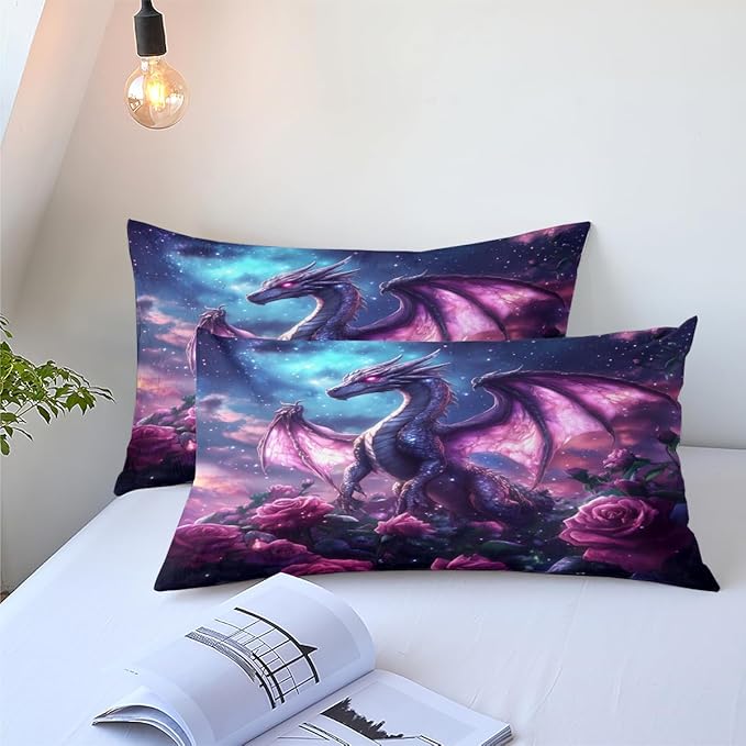 Boys Kids Dragon Comforter Set Queen Size Purple Rose Bedding Set 3 Pieces Modern Science Fiction Theme Bedding Soft Lightweight Comforter for All Season,2 Pillowcases