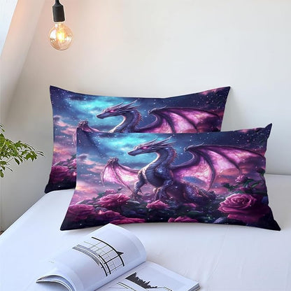 Boys Kids Dragon Comforter Set Queen Size Purple Rose Bedding Set 3 Pieces Modern Science Fiction Theme Bedding Soft Lightweight Comforter for All Season,2 Pillowcases