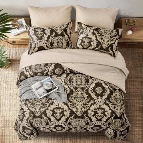 WONGS BEDDING 7 Pieces Comforter Set King Size,Damask Texture Design Bed in a Bag Bedding Sets,Brown Soft Lightweight Microfiber Bedding Set for All Season