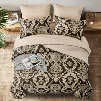 WONGS BEDDING 7 Pieces Comforter Set King Size,Damask Texture Design Bed in a Bag Bedding Sets,Brown Soft Lightweight Microfiber Bedding Set for All Season
