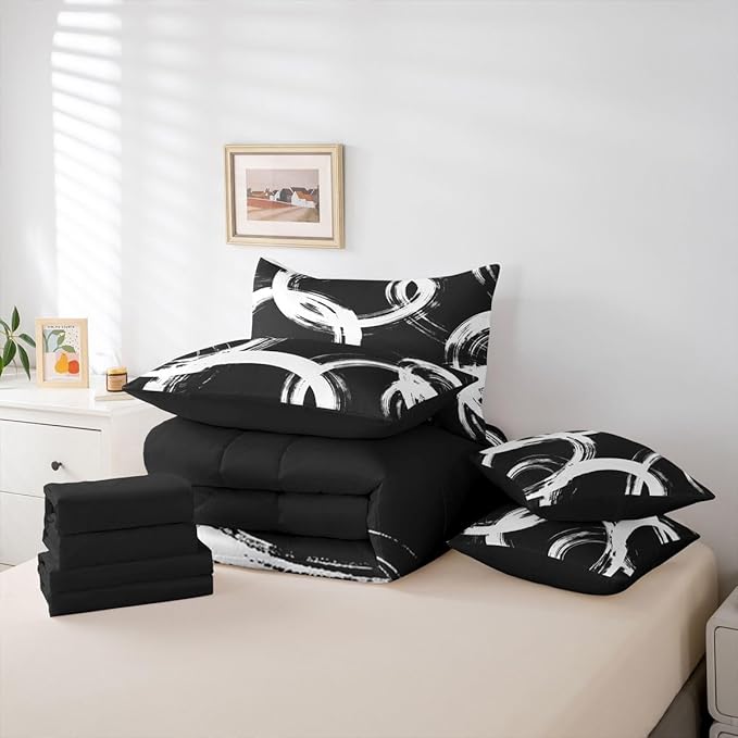Erosebridal White and Black 7 Pcs Comforter Set Twin Abstract Line Minimalist Ink Painting Bedding Set for Kids Boys Girls Simple Graffiti Art Modern Geometric Sheet Set Boho Cool Unique Mens Quilt