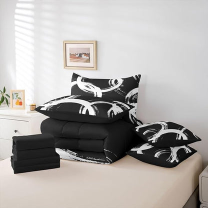 Erosebridal White and Black 7 Pcs Comforter Set Full Abstract Line Minimalist Ink Painting Bedding Set for Kids Boys Girls Simple Graffiti Art Modern Geometric Sheet Set Boho Cool Unique Mens Quilt