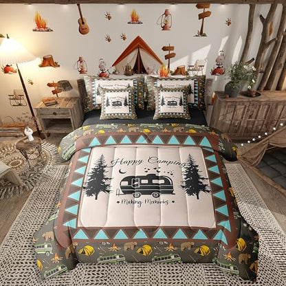 Erosebridal Kids Camping 7 Piece Comforter Set King Bed in a Bag,Camper Bedding Set for Travel Trailers,Rustic Farmhouse Style Bed Sheets,Happy Camping Aztec Tribal Geometric Down Comforter