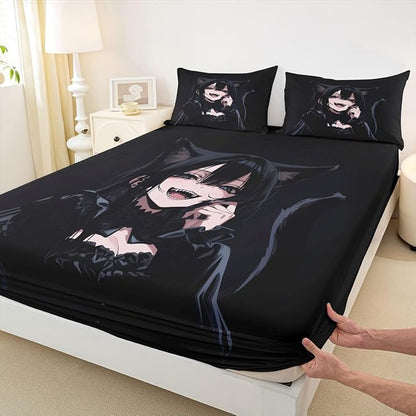 Erosebridal Anime Girl Queen Bed Sheets 3D Japanese Fitted Sheet,Gothic Style Cat Girls Kids Bedding Sets Cool Anime Gift Sheets with 2 Pillowcases