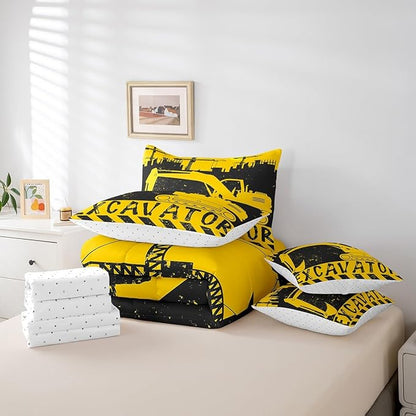 Erosebridal Excavator Comforter Set 7 Piece Bed in a Bag Twin,Construction Vehicle Bedding Sets Big Wheel Car Sheet Set with Comforter