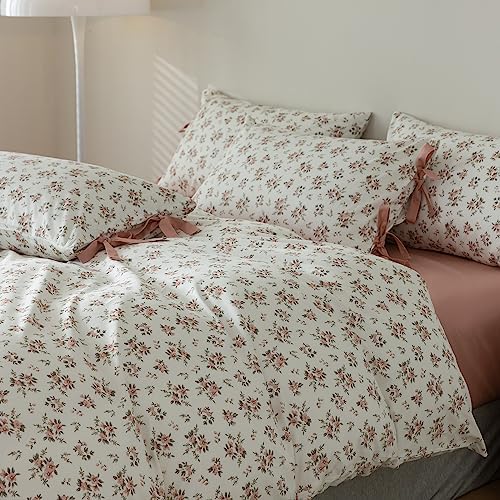 mixinni Vintage Style Girls Pale Pink Flower Pattern Duvet Cover Queen Soft Aesthetic Floral Cotton Bedding Set 1 Duvet Cover with 2 Bow Tie Pillowcases for Women-Queen Size
