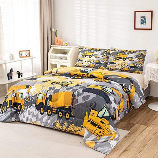 Feelyou Boys Cartoon Car Bedding Set Kids Construction Vehicles Comforter for Kids Children Cartoon Machinery Truck Comforter Set Construction Site Cars Duvet Set King Size 3Pcs, Multi 53