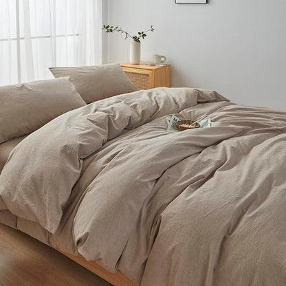 FACE TWO FACE Bedding Duvet Cover Set100% Washed Cotton Duvet Cover Linen Like Textured Breathable Durable Soft Comfy (Queen, Khaki)