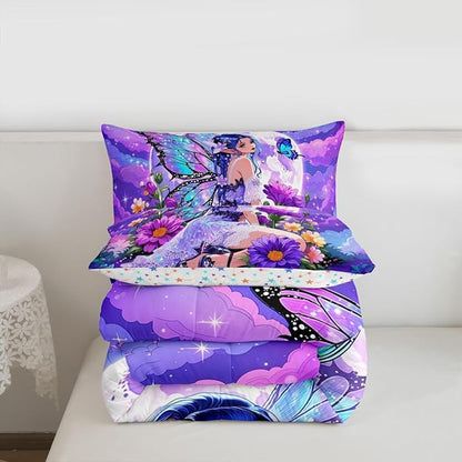 Erosebridal Fairy Girl Bedding Sets Full - Flower Fairytale Comforter Set for Kids Adults Blue Butterfly Floral Decor Duvet Insert Purple Galaxy Moon Quilt