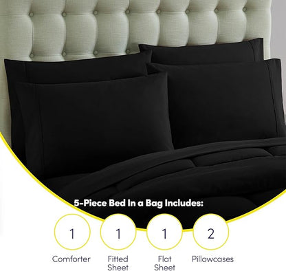Sweet Home Collection 5 Piece Comforter Set Bag Solid Color All Season Soft Down Alternative Blanket & Luxurious Microfiber Bed Sheets, Black, Twin XL (Pack of 4)