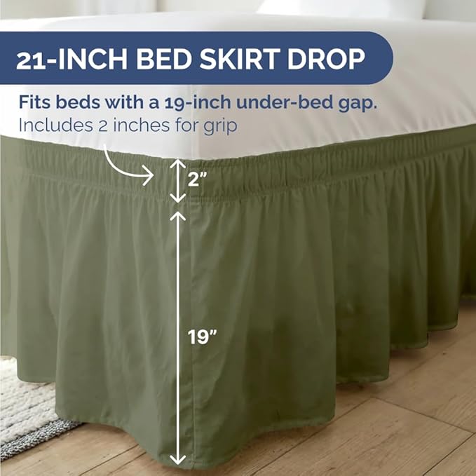 Wrap Around Dust Ruffle Bed Skirt - Sage Green - for Full Size Beds with 21 Inch Drop - Elastic Strap - Adjustable Pleated Bedskirt with Brushed Fabric and Wrinkle Free - for Women, Men, Kids & Teens