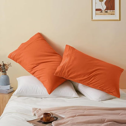 Vonty 2 Pack Standard Pillow Cases - 20x26 Inch, 1800 Thread Count Microfiber Pillowcases Standard Size Burnt Orange Pillow Cases Luxury & Soft Embroidered Bed Pillow Covers with Envelope Closure