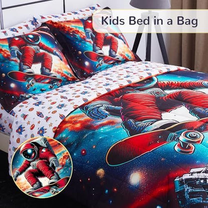 Viviland Twin Bedding Set for Boys 7 Piece Bed in a Bag with Comforter, Sheets, Pillowcases Soft Microfiber Kids Comforter Set, Oeko Certified, Machine Washable, Cosmic Adventure Theme