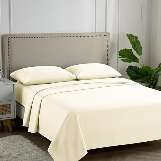Carressa Linen 100% Egyptian Cotton King Size Sheets Set - 600 Thread Count Egyptian Cotton Queen Sheets King Size (4 PC, Ivory Cream), Soft, Cooling, 16" Deep Pocket Sateen Weave Luxury Bed Sheet Set
