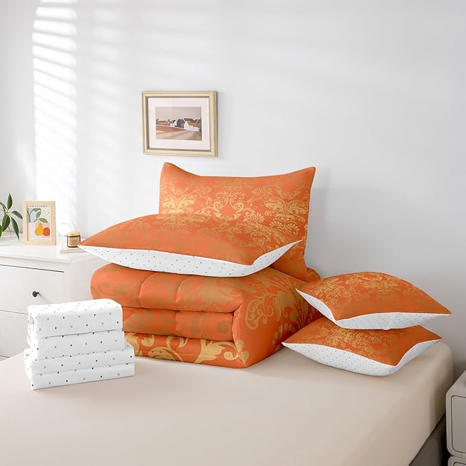 Erosebridal Gothic Damask Bed in a Bag King Size Comforter Set 7 Pieces,Butterfly Skull Bedding Sets Orange and Yellow Victorian Floral Goth Sheet Set with Comforter