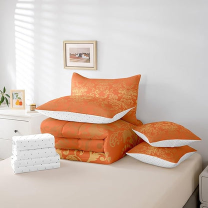 Erosebridal Gothic Damask Bed in a Bag King Size Comforter Set 7 Pieces,Butterfly Skull Bedding Sets Orange and Yellow Victorian Floral Goth Sheet Set with Comforter