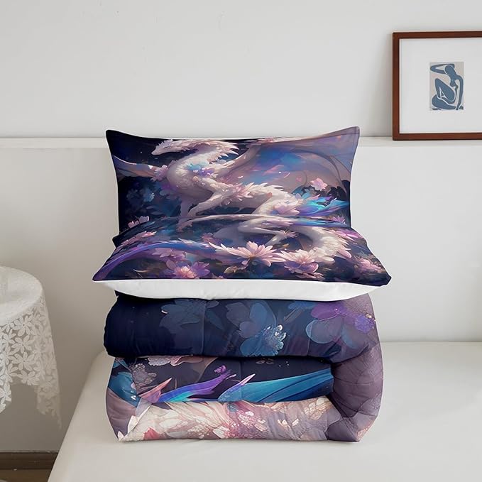 Dragon Twin Size Comforter Set for All Seasons,Dreamy Cartoon Animals Bedding Set Teens Bedroom Decor,Watercolor Flowers Comforter Inner Fill with 1 Pillowcase