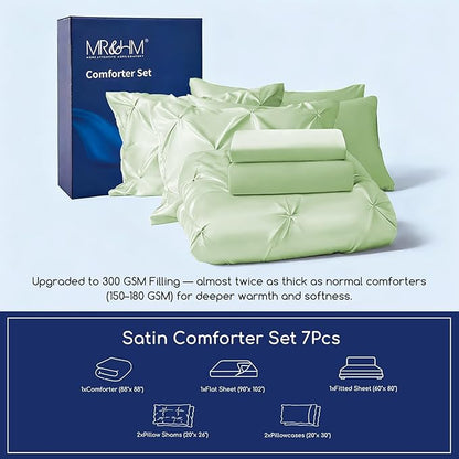 MR&HM Satin Comforter Queen 7 Pieces - Luxurious Pinch Pleat Bedding Set with Comforter, Flat Sheet, Fitted Sheet, Pillowcases & Shams, Super Silky Soft Bed Set for All Season (Queen, Light Sage)