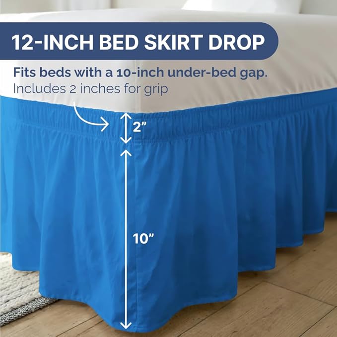 Wrap Around Dust Ruffle Bed Skirt - Royal Blue - for Queen Size Beds w/ 12 Inch Drop - Easy Fit Elastic Strap - Adjustable Pleated Bedskirt w/Brushed Fabric - Wrinkle Free, Women, Men, Kids & Teens