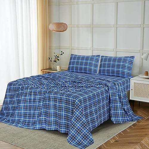 RUVANTI Flannel Sheets Set Twin Size, Blue Plaid