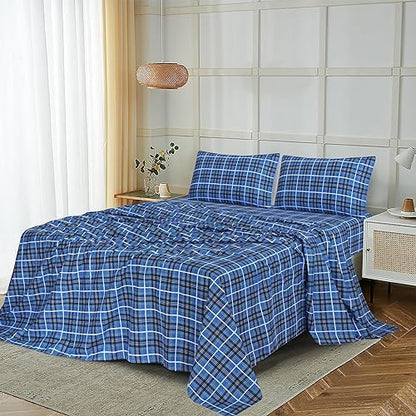 RUVANTI Flannel Sheets Set Twin Size, Blue Plaid
