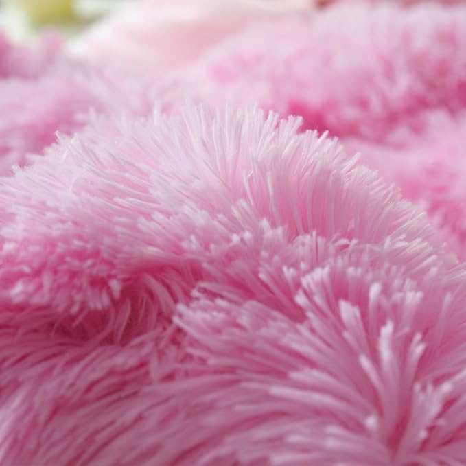 Wajade Faux Fur Plush White Comforter Set Fluffy Fuzzy Shaggy Bedding Set - 3PC Full/Queen Microfiber Soft Warm Quilt Set (Pink, King)