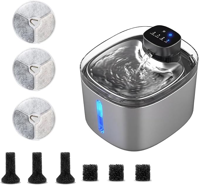 5L Smart Cat Dog Water Fountain, Stainless Wireless Dog Water Bowl | 5L wireless cat dog fountain for small dogs and multi-cat homes, sensor flow, quiet use, 4000mAh battery ,3 filter set