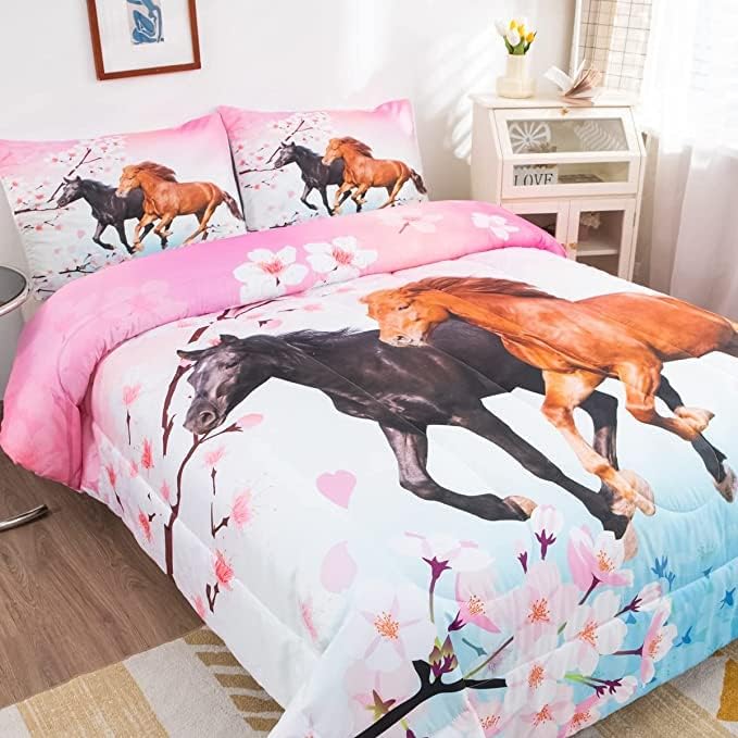 Feelyou Girls Horse Comforter Set King Size Chic Pink Cherry Blossom Bedding Set for Horse Lover Gift Farmhouse Comforter 3D Wild Animal Quilted Bedroom Decor 3Pcs